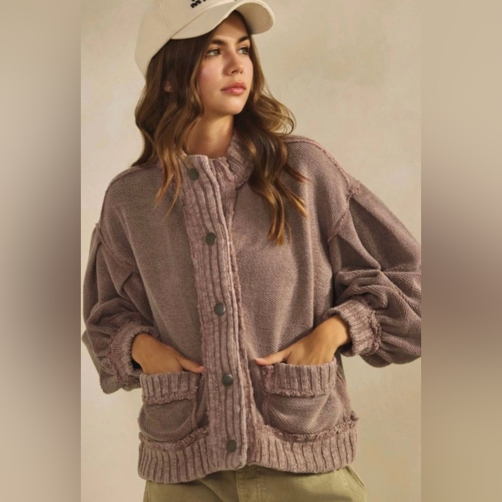 NWT Lovlov Washed Vintage Ribbed Knit Trim Cardigan Jacket Size M *IR*